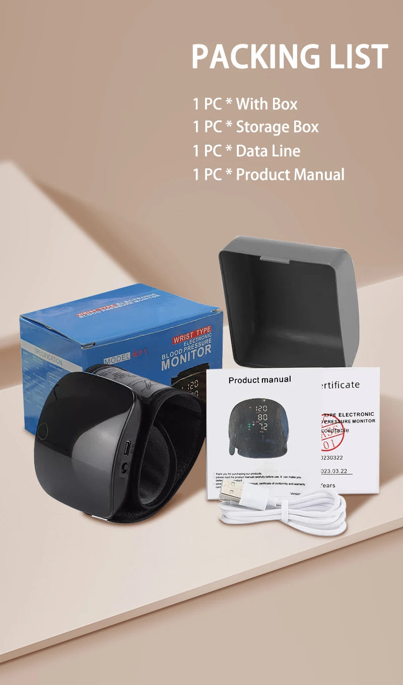 Digital Wrist Blood Pressure Meter Automatic Voice Tonometer Heart Rate Monitor Smart Touch LCD Screen Charge Sphygmomanometer