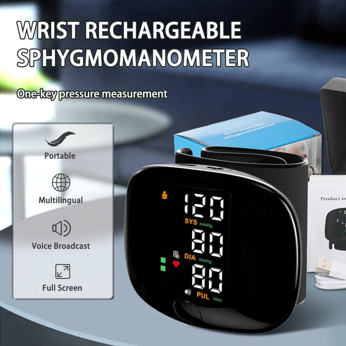 Digital Wrist Blood Pressure Meter Automatic Voice Tonometer Heart Rate Monitor Smart Touch LCD Screen Charge Sphygmomanometer