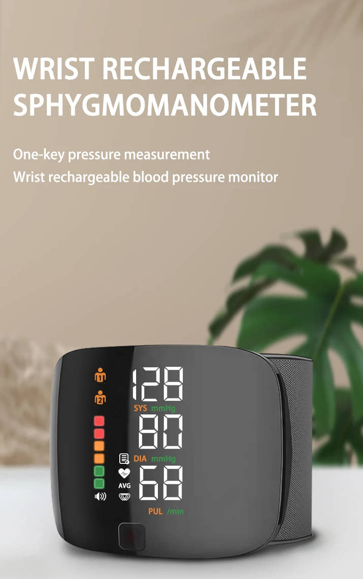 Digital Wrist Blood Pressure Meter Automatic Voice Tonometer Heart Rate Monitor Smart Touch LCD Screen Charge Sphygmomanometer