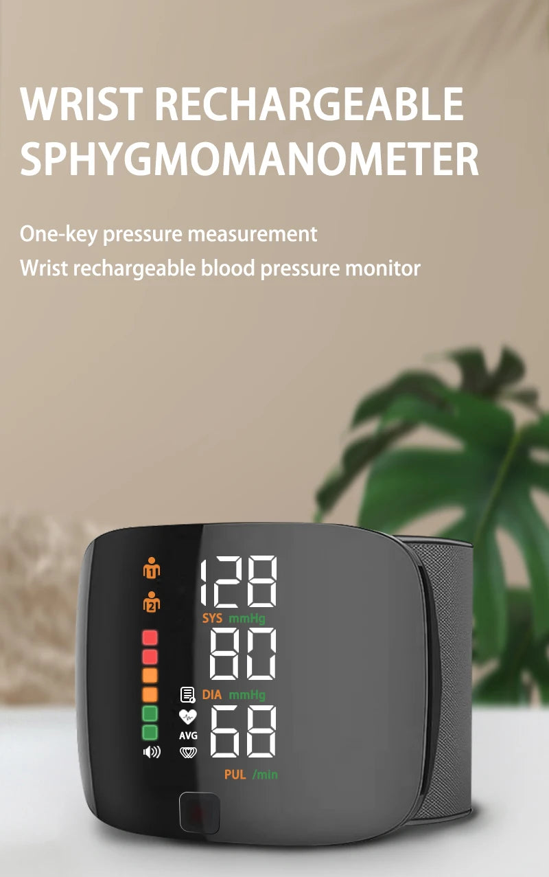 Digital Wrist Blood Pressure Meter Automatic Voice Tonometer Heart Rate Monitor Smart Touch LCD Screen Charge Sphygmomanometer