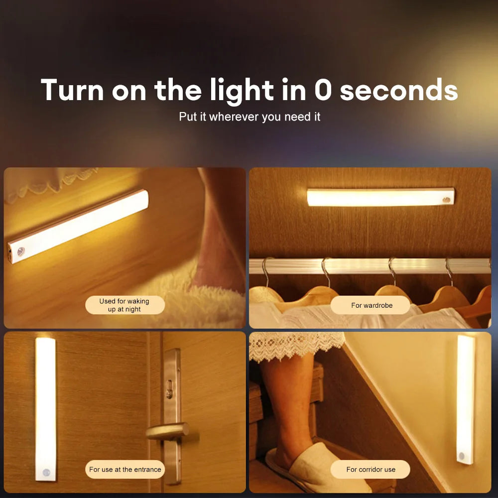 Motion Sensor LED Under Cabinet Lamp Dimmable Rechargeable Night Light Stairs Closet Room Aisle Tube Bar Detector Bulb