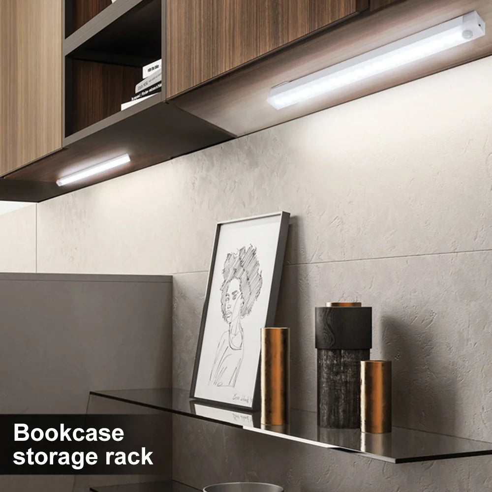 Motion Sensor LED Under Cabinet Lamp Dimmable Rechargeable Night Light Stairs Closet Room Aisle Tube Bar Detector Bulb