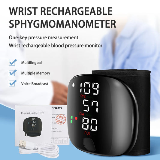 Digital Wrist Blood Pressure Meter Automatic Voice Tonometer Heart Rate Monitor Smart Touch LCD Screen Charge Sphygmomanometer