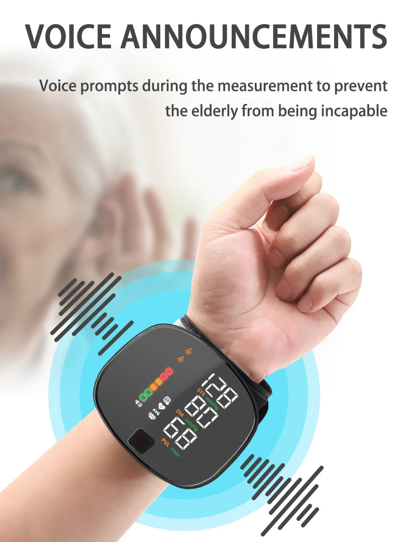 Digital Wrist Blood Pressure Meter Automatic Voice Tonometer Heart Rate Monitor Smart Touch LCD Screen Charge Sphygmomanometer